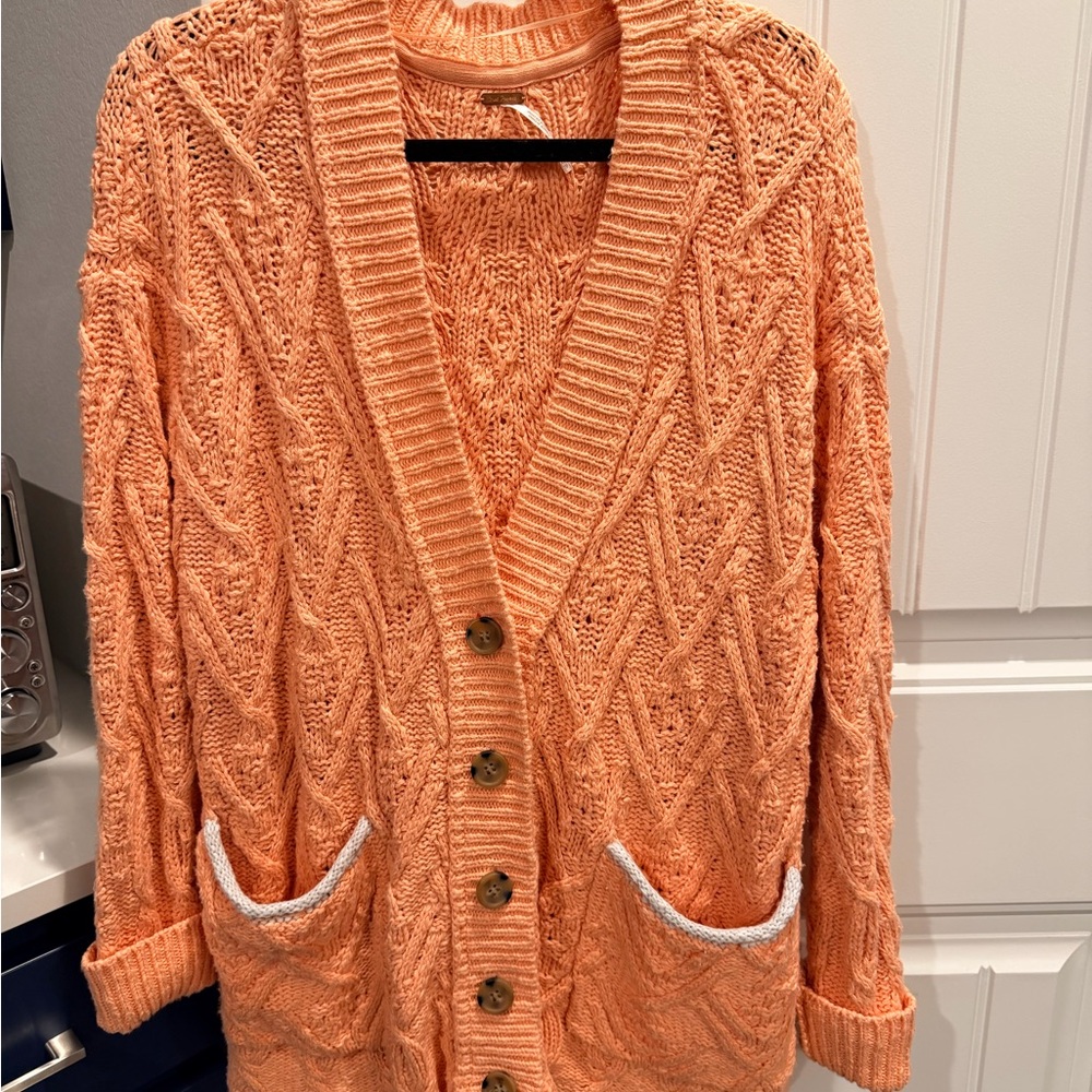 Free People Vibrant Orange/Peach Cable Knit Cardigan